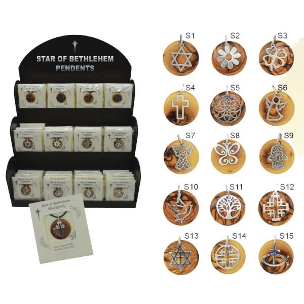 Star of Bethlehem pendents S1--S15 with olive wood base 3cm- Silver ( 925 )